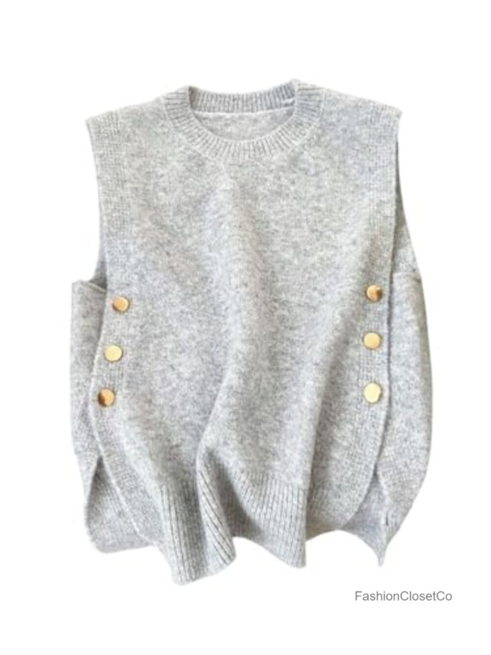 Sleeveless Knit Sweater Vest with Button Front, Crew Neck, Casual Top